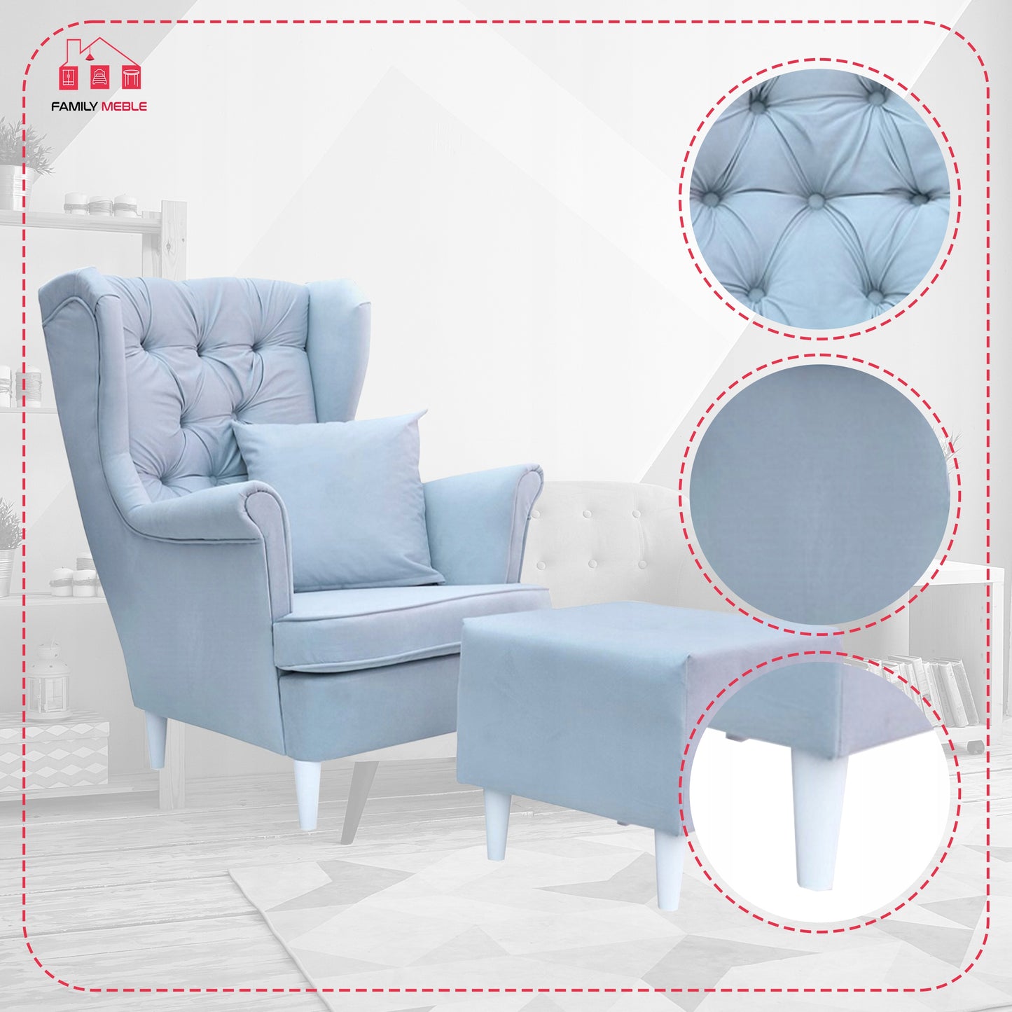 Fotel uszak Gaja z podnóżkiem skandynawski Family Meble pikowany guzik