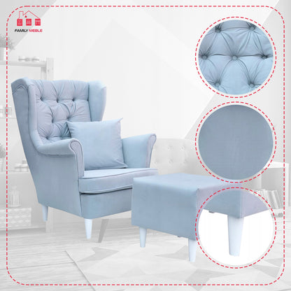 Fotel uszak Gaja z podnóżkiem skandynawski Family Meble pikowany guzik