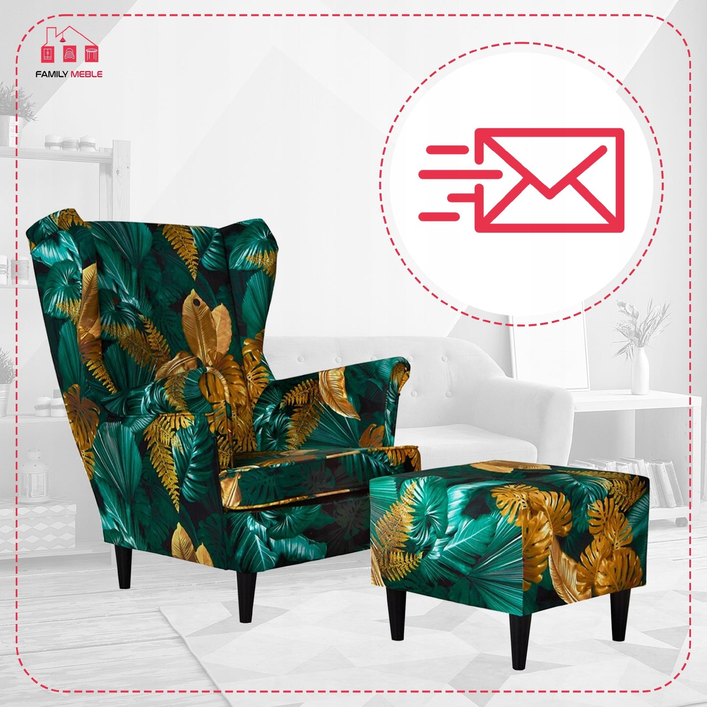 Fotel uszak ARI PRINT z podnóżkiem, skandynawski Family Meble zielony