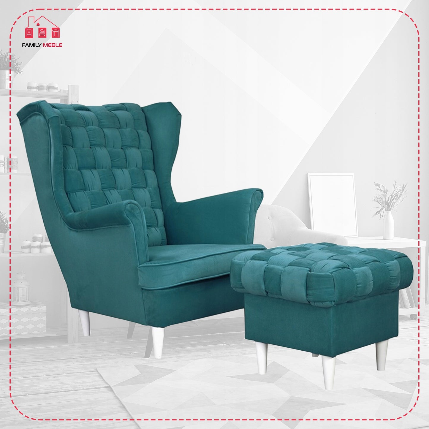 Fotel uszak Carol z podnóżkiem skandynawski Family Meble turkusowy