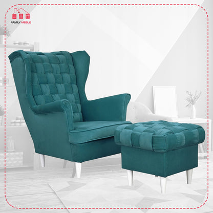 Fotel uszak Carol z podnóżkiem skandynawski Family Meble turkusowy