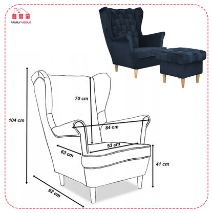 Fotel uszak Carol z podnóżkiem skandynawski Family Meble granatowy
