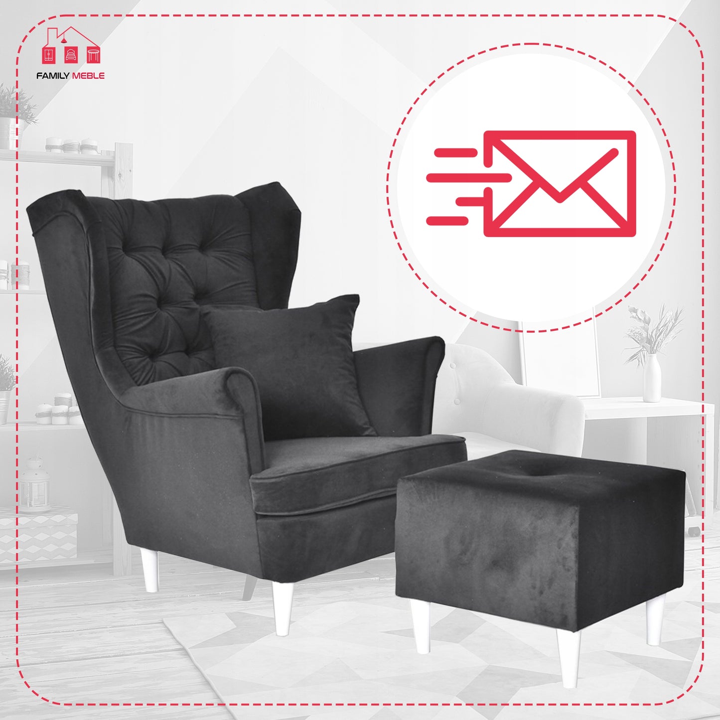 Fotel uszak Gaja podnóżkiem skandynawski Family Meble mysi szary siwy