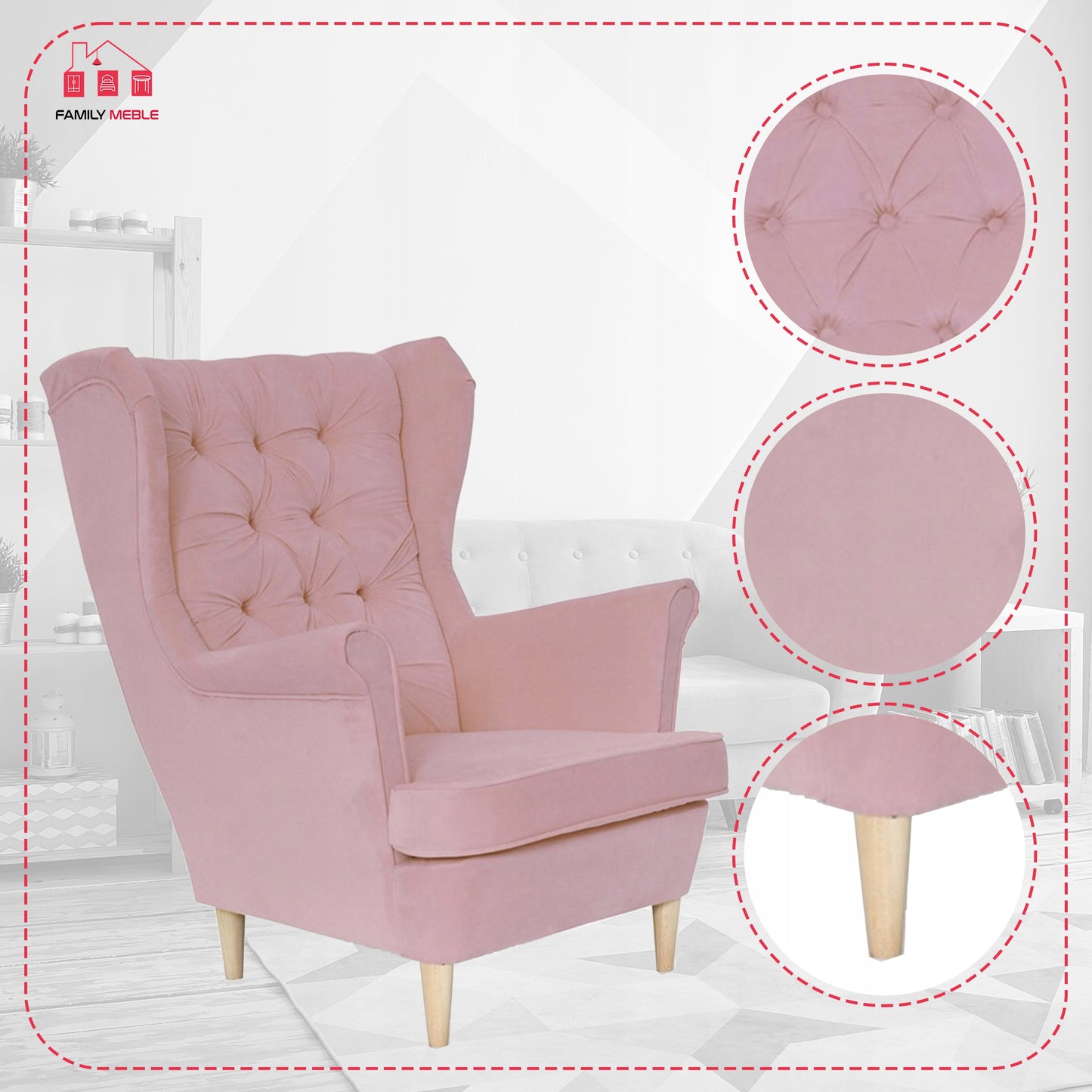 Fotel uszak Gaja skandynawski Family Meble pudrowy różowy jasny wygod