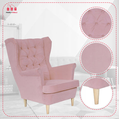 Fotel uszak Gaja skandynawski Family Meble pudrowy różowy jasny wygod