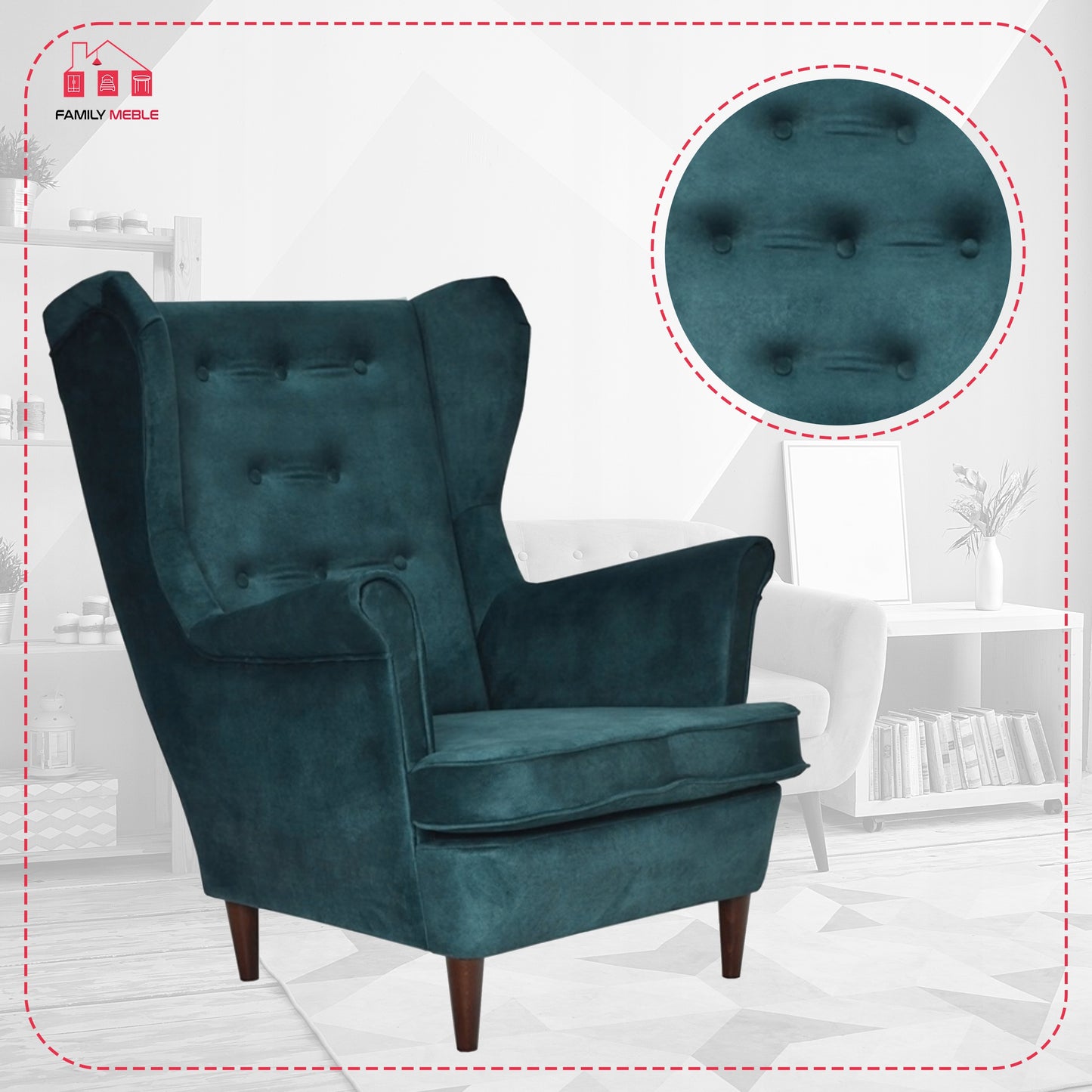 Fotel uszak Diana skandynawski Family Meble morski ciemnozielony wygodny