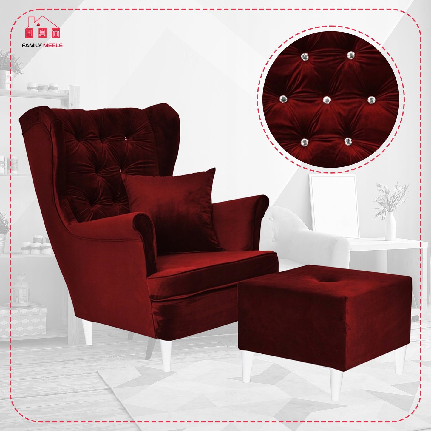 Fotel uszak Gaja podnóżkiem skandynawski Family Meble krwista czerwień