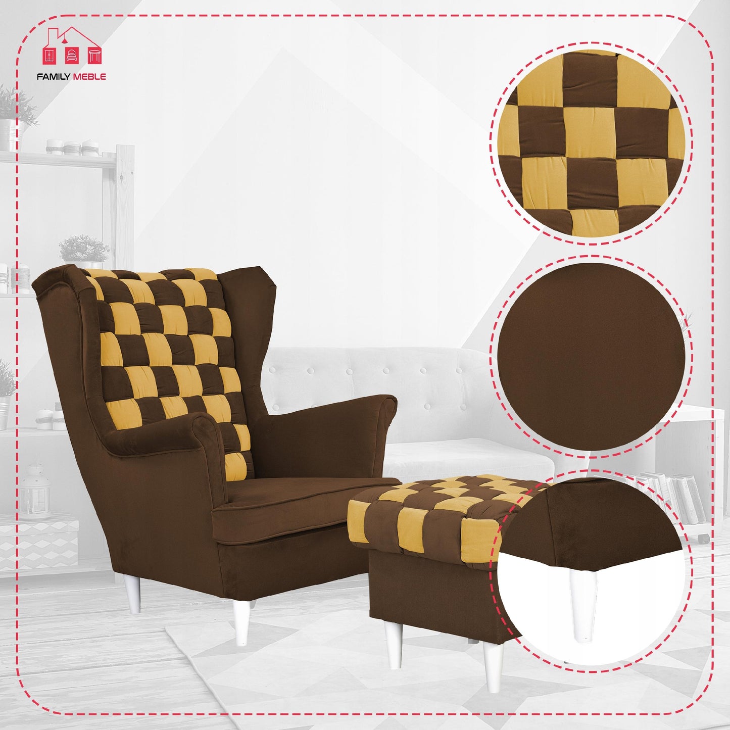 Fotel uszak Carol Duo z podnóżkiem skandynawski Family Meble brązowy żółty