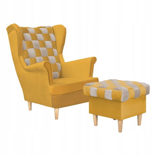 Fotel uszak Carol Duo z podnóżkiem skandynawski Family Meble żółty szary