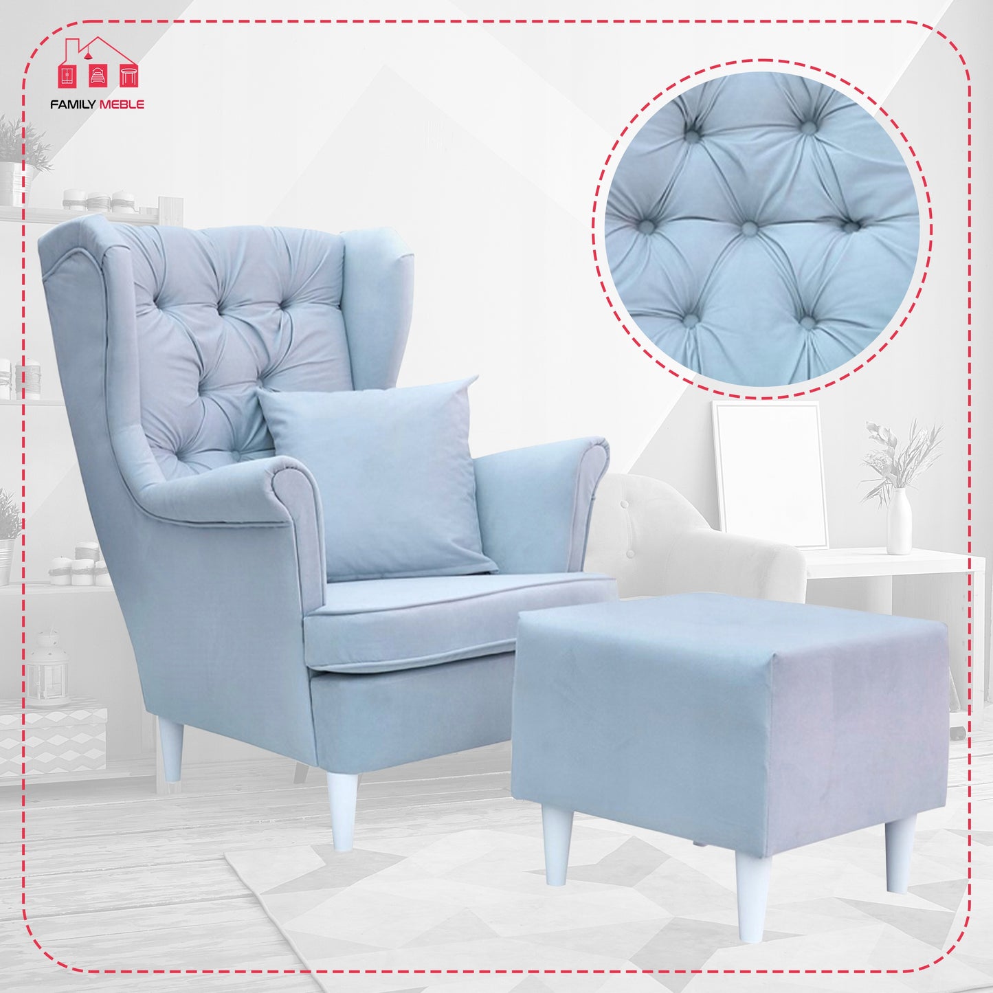 Fotel uszak Gaja z podnóżkiem skandynawski Family Meble pikowany guzik