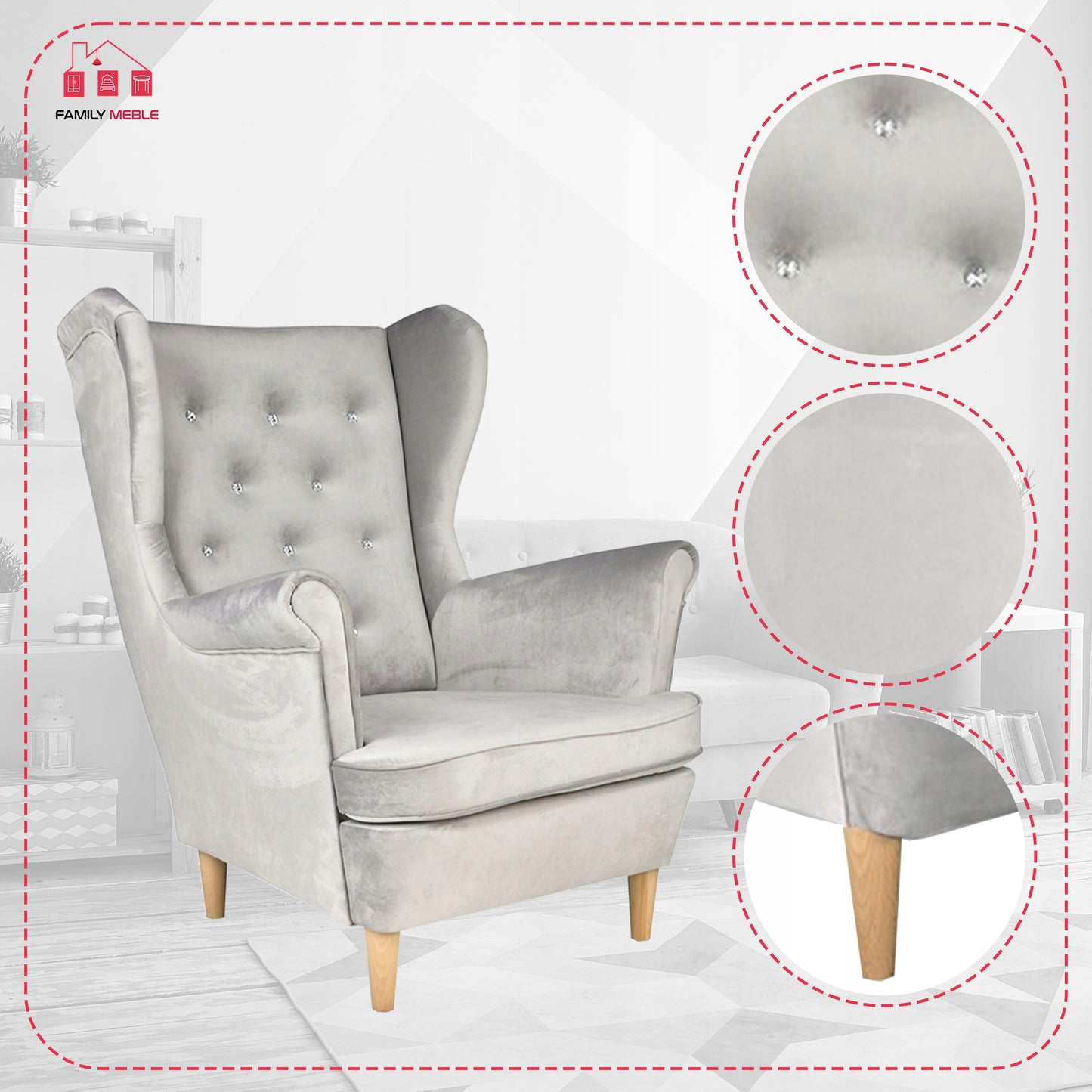 Fotel uszak Diana skandynawski Family Meble aksamit welwet kryształki