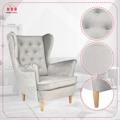 Fotel uszak Diana skandynawski Family Meble aksamit welwet kryształki