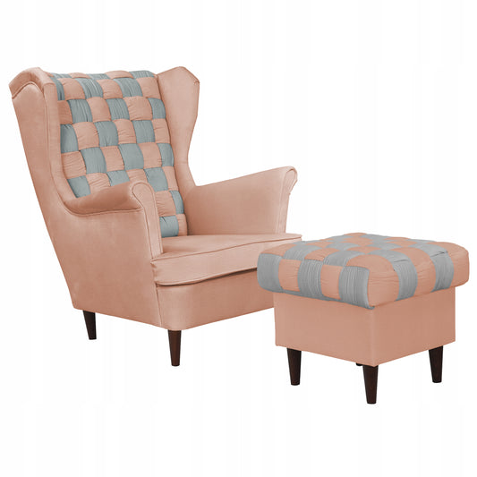 Fotel uszak Carol Duo z podnóżkiem skandynawski Family Meble różowy szary