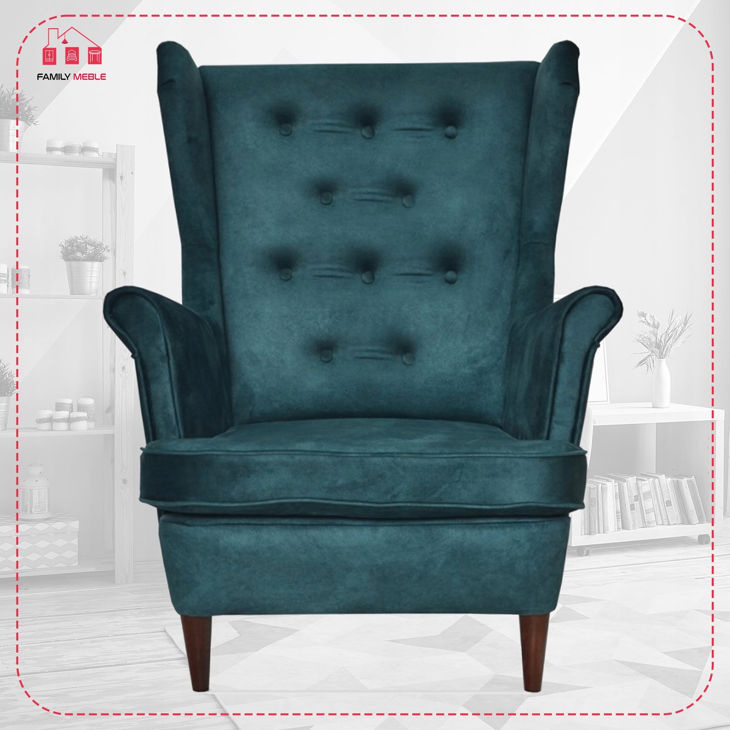 Fotel uszak Diana skandynawski Family Meble morski ciemnozielony wygodny