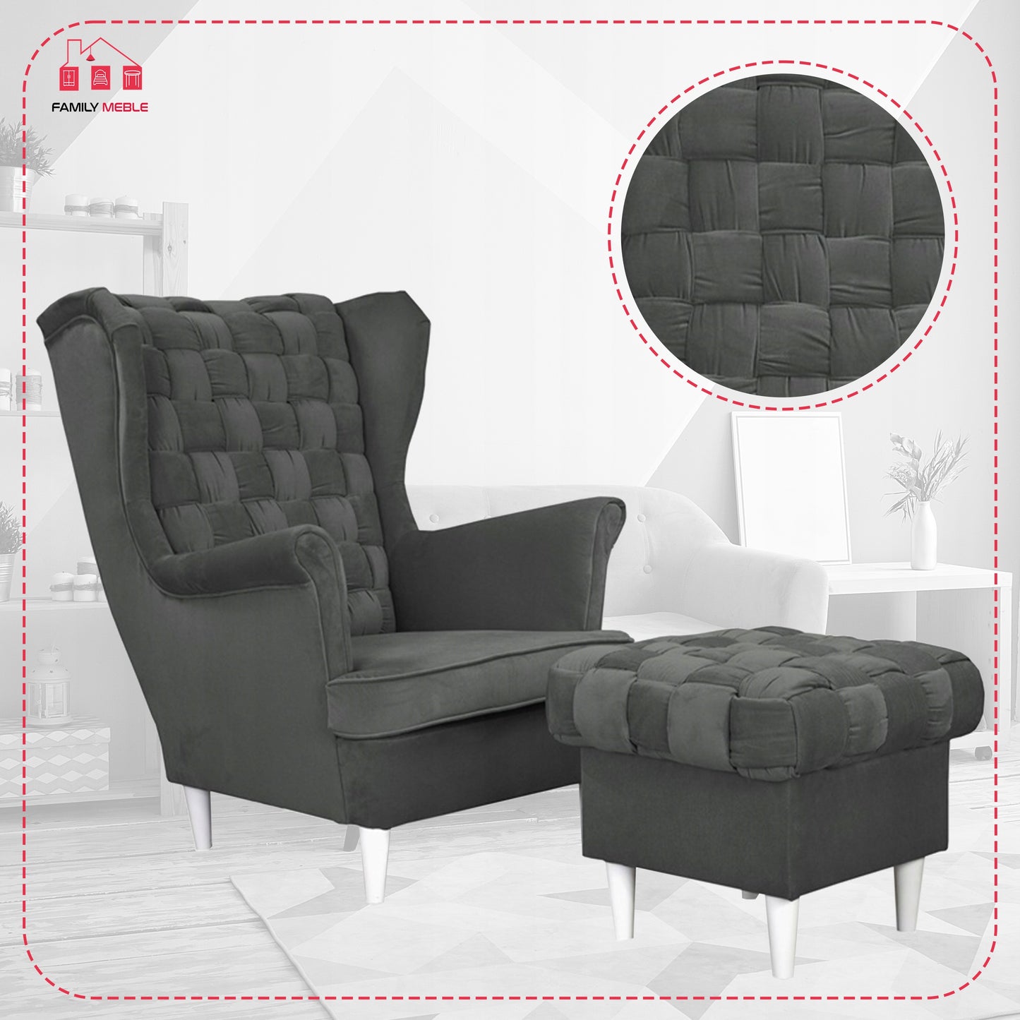 Fotel uszak Carol z podnóżkiem skandynawski Family Meble ciemny szary