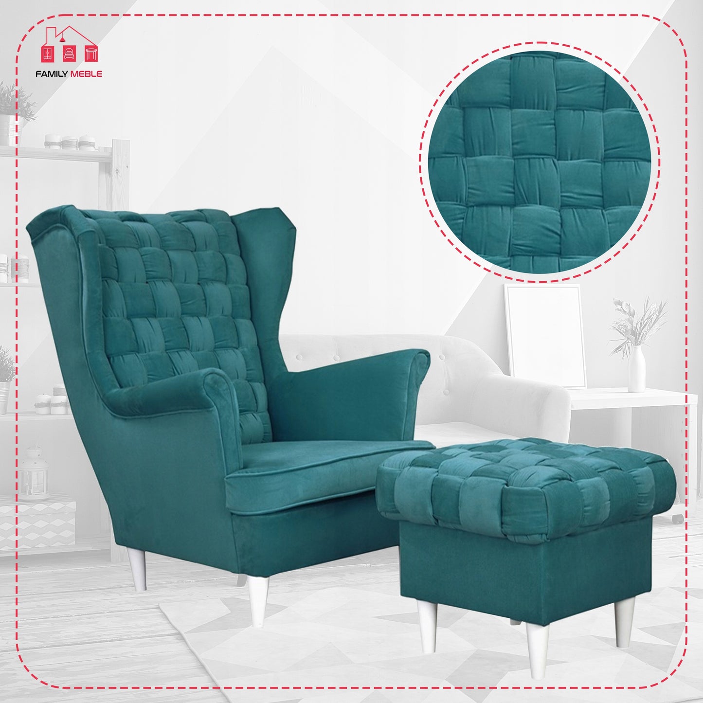 Fotel uszak Carol z podnóżkiem skandynawski Family Meble turkusowy