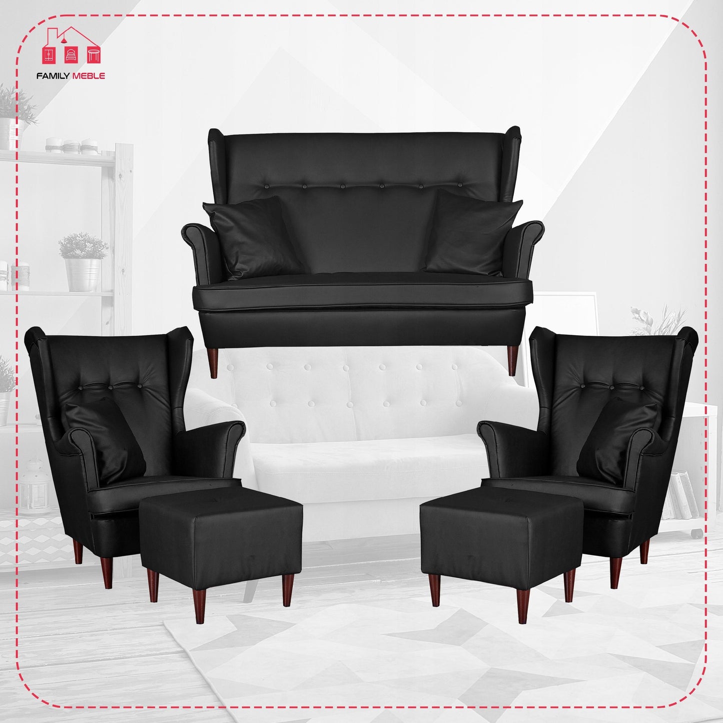 Zestaw wypoczynkowy mebli uszak Eko skóra sofa fotele pufy Family Meble komplet