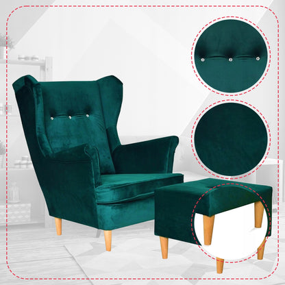 Fotel uszak ARI z podnóżkiem, skandynawski Family Meble ciemno zielony