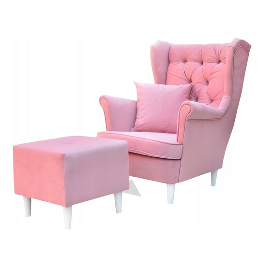 Fotel uszak Gaja z podnóżkiem skandynawski Family Meble pastelowy róż