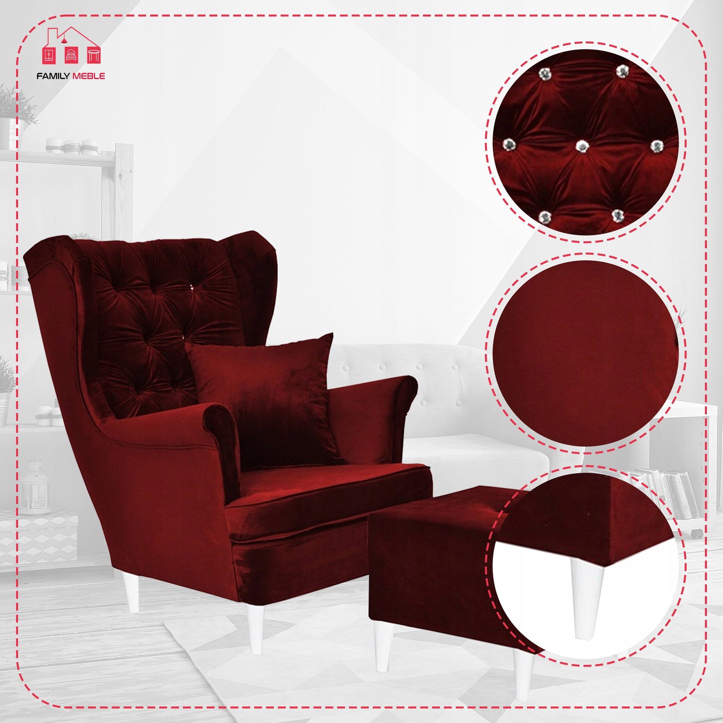 Fotel uszak Gaja podnóżkiem skandynawski Family Meble krwista czerwień