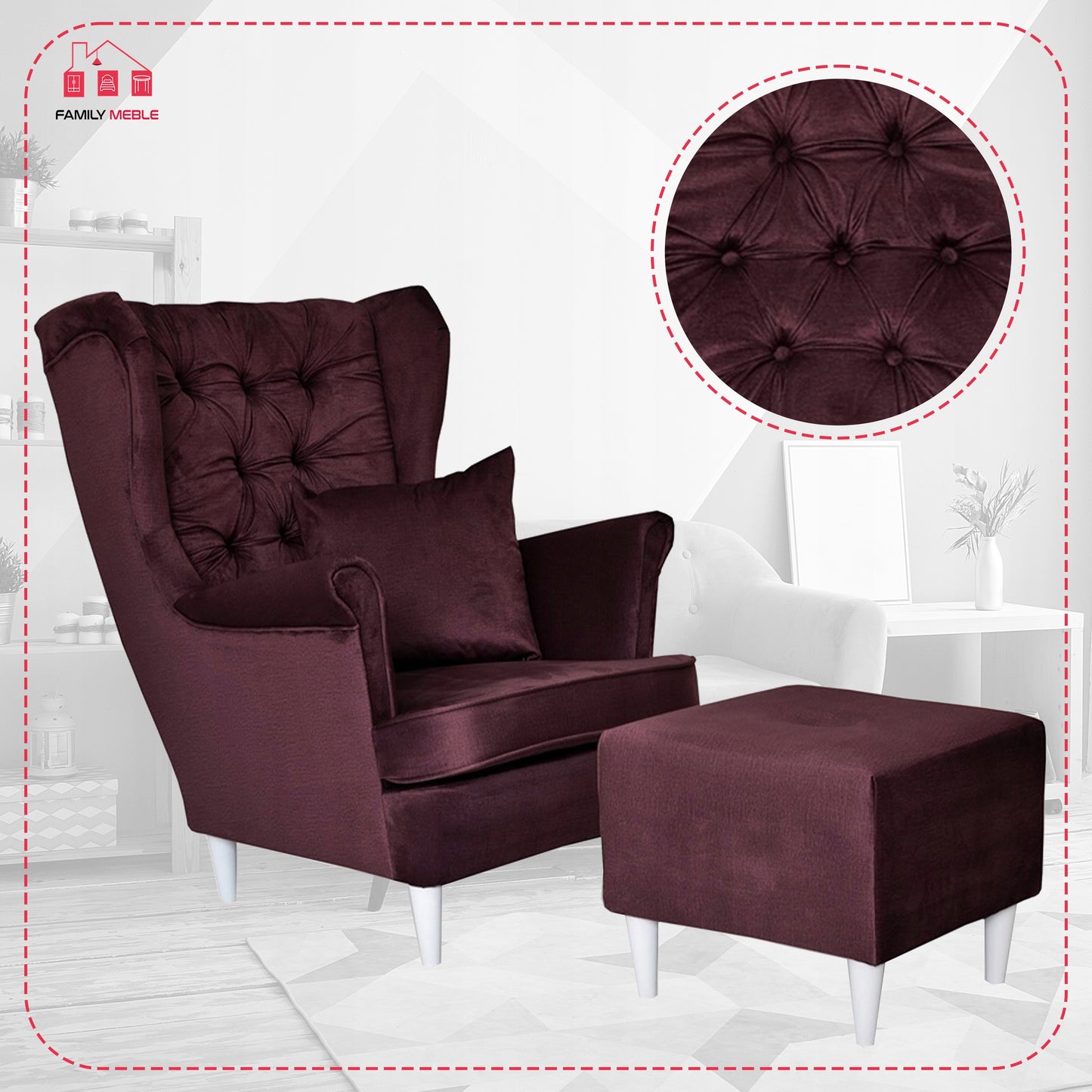 Fotel uszak Gaja z podnóżkiem skandynawski Family Meble burgund welur
