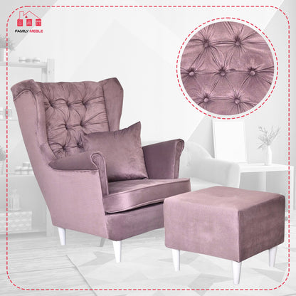 Fotel uszak Gaja z podnóżkiem skandynawski Family Meble liliowy salon