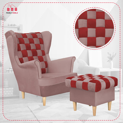 Fotel uszak Carol Duo z podnóżkiem skandynawski Family Mebl różowy czerwony