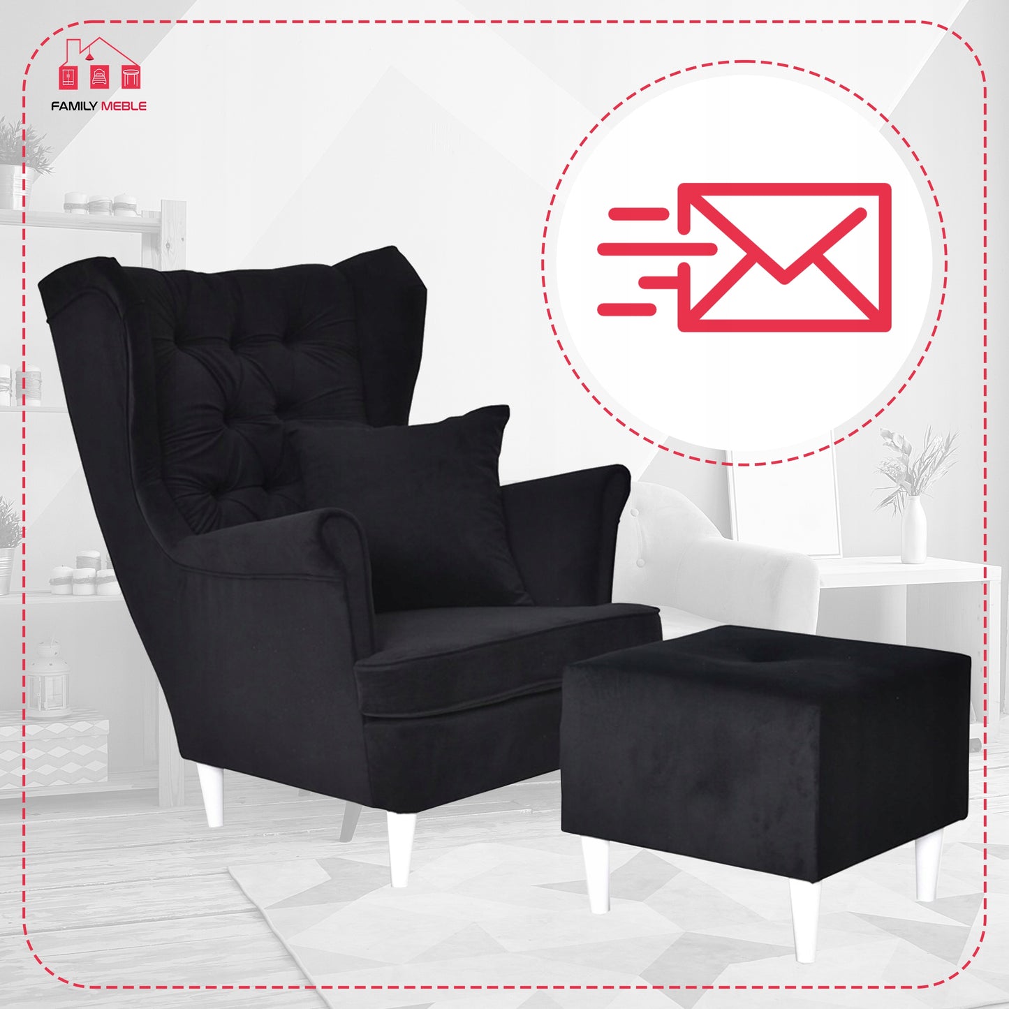 Fotel uszak Gaja z podnóżkiem skandynawski Family Meble czarny miękki