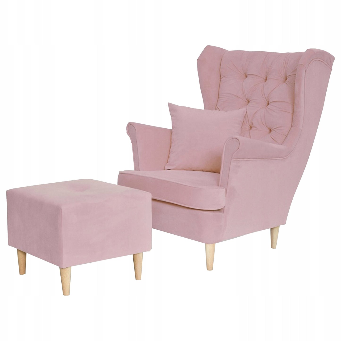 Fotel uszak Gaja z podnóżkiem skandynawski Family Meble z pufką różowy