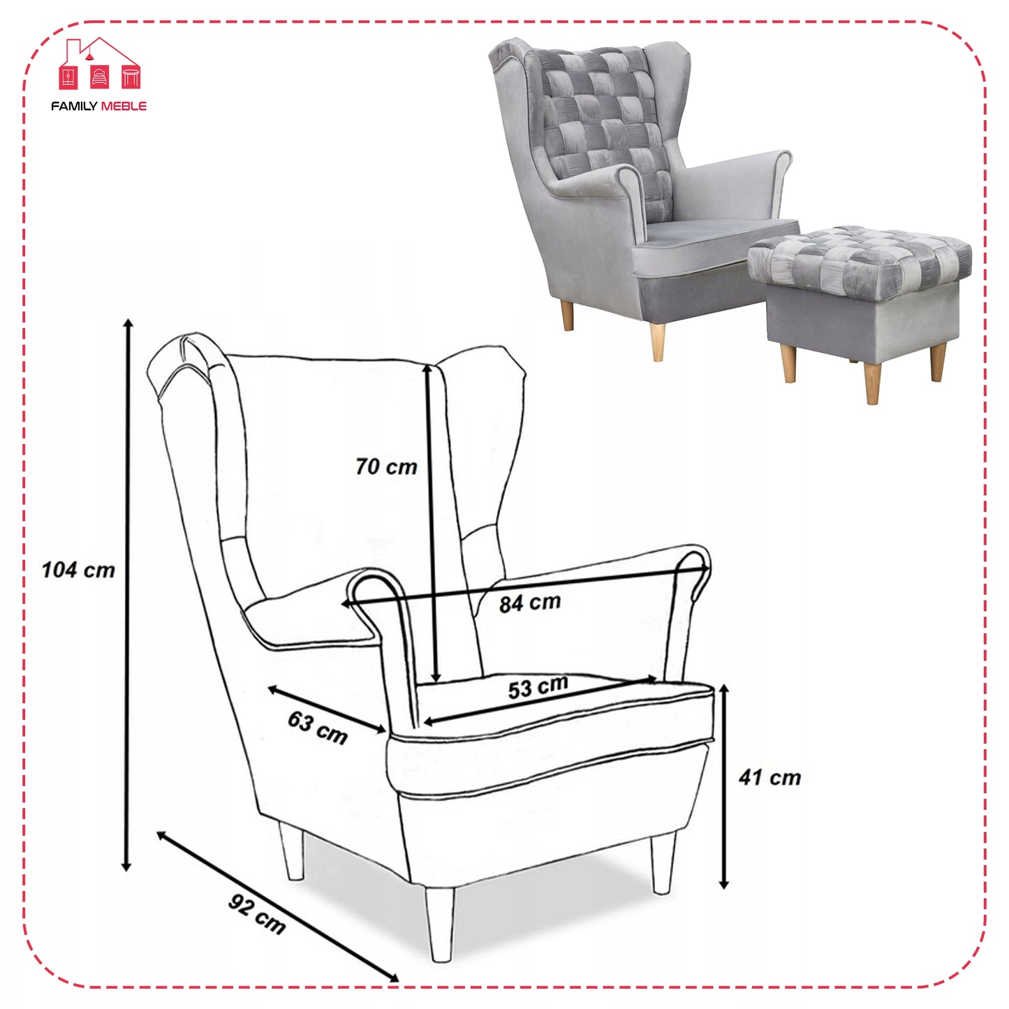 Fotel uszak Carol z podnóżkiem skandynawski Family Meble siwy aksamit