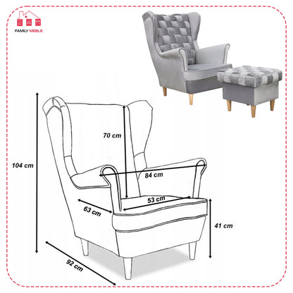 Fotel uszak Carol z podnóżkiem skandynawski Family Meble siwy aksamit