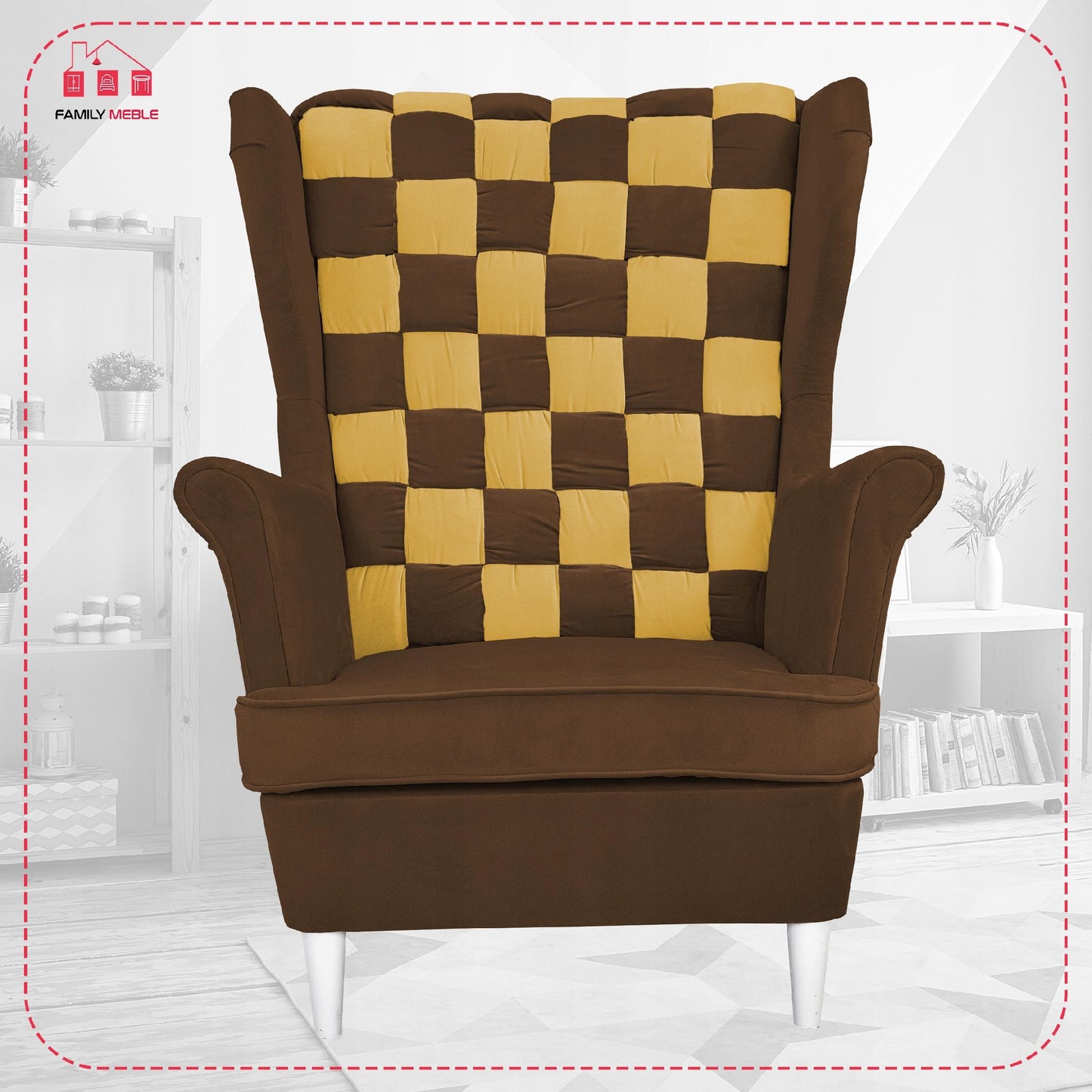 Fotel uszak Carol Duo z podnóżkiem skandynawski Family Meble brązowy żółty