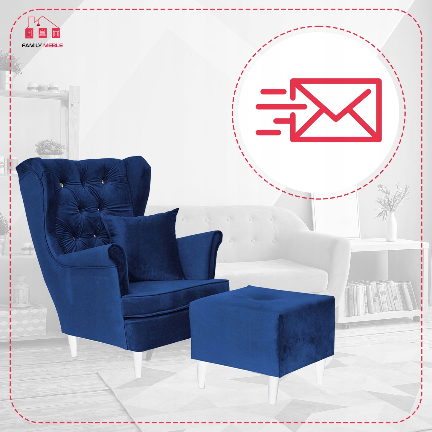 Fotel uszak Gaja z podnóżkiem skandynawski Family Meble aksamit welwet