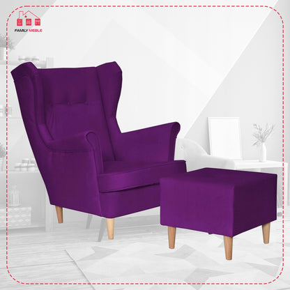 Fotel uszak ARI z podnóżkiem, skandynawski Family Meble fiolet śliwka