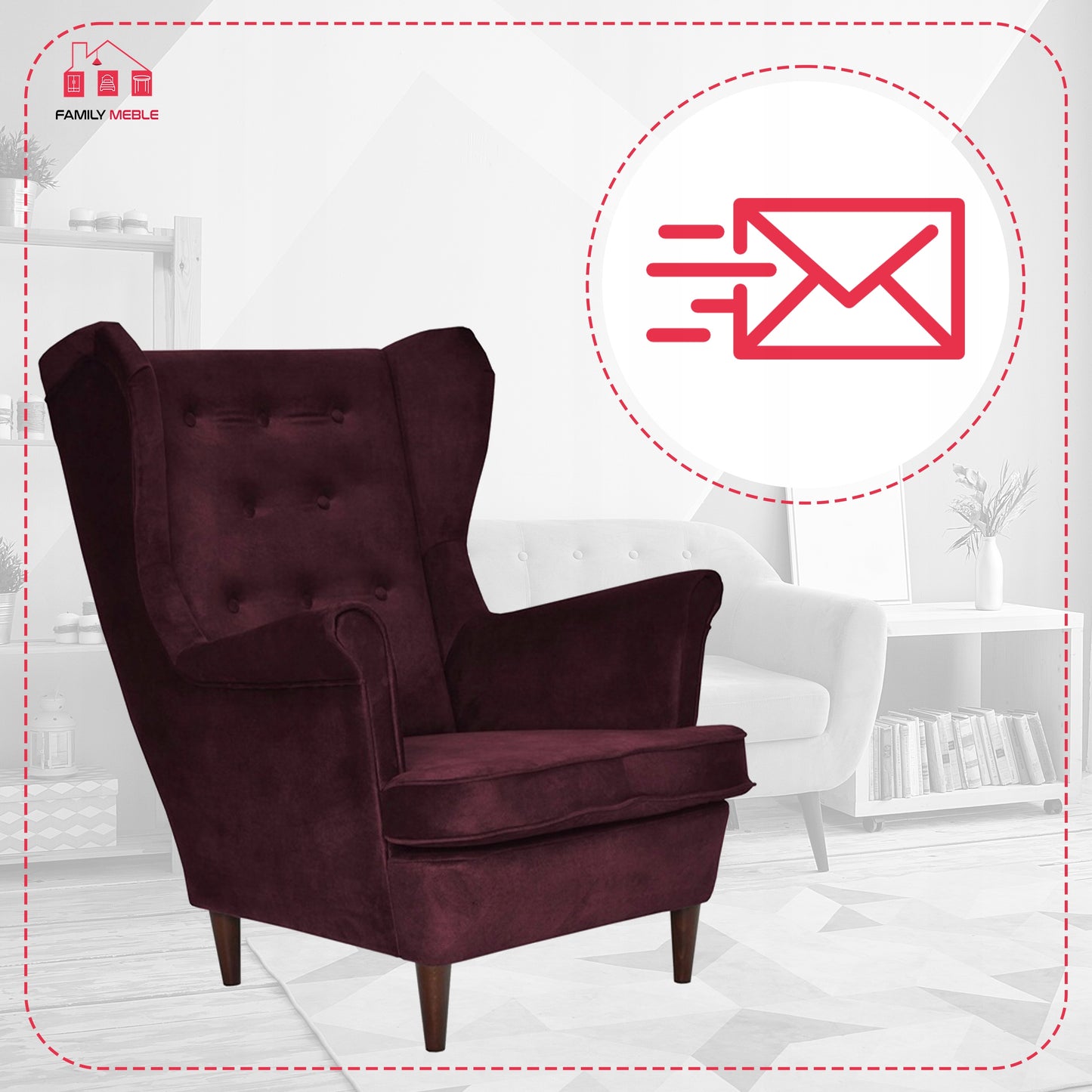 Fotel uszak Diana skandynawski Family Meble burgund pikowany water proof