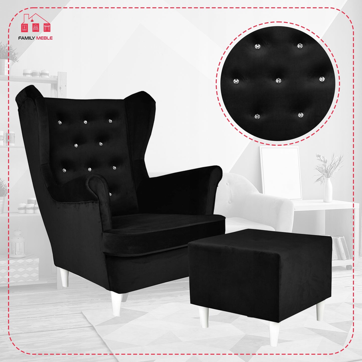 Fotel uszak Diana z podnóżkiem, skandynawski Family Meble czarny welur