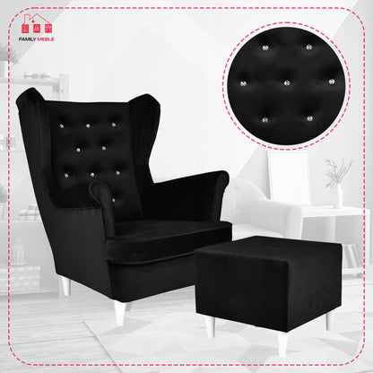Fotel uszak Diana z podnóżkiem, skandynawski Family Meble czarny welur