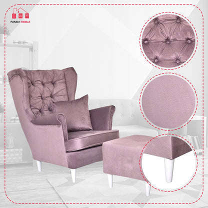 Fotel uszak Gaja z podnóżkiem skandynawski Family Meble liliowy salon