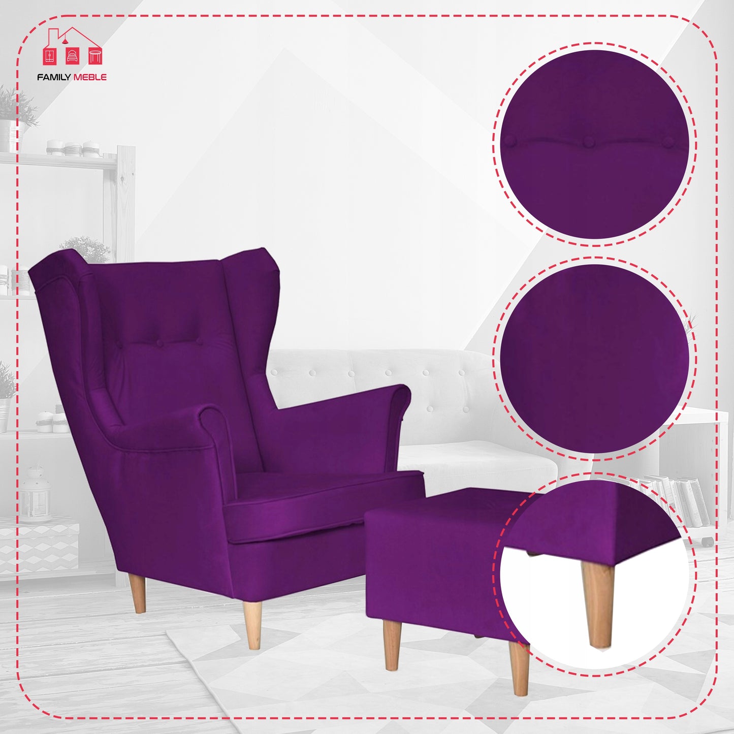 Fotel uszak ARI z podnóżkiem, skandynawski Family Meble fiolet śliwka