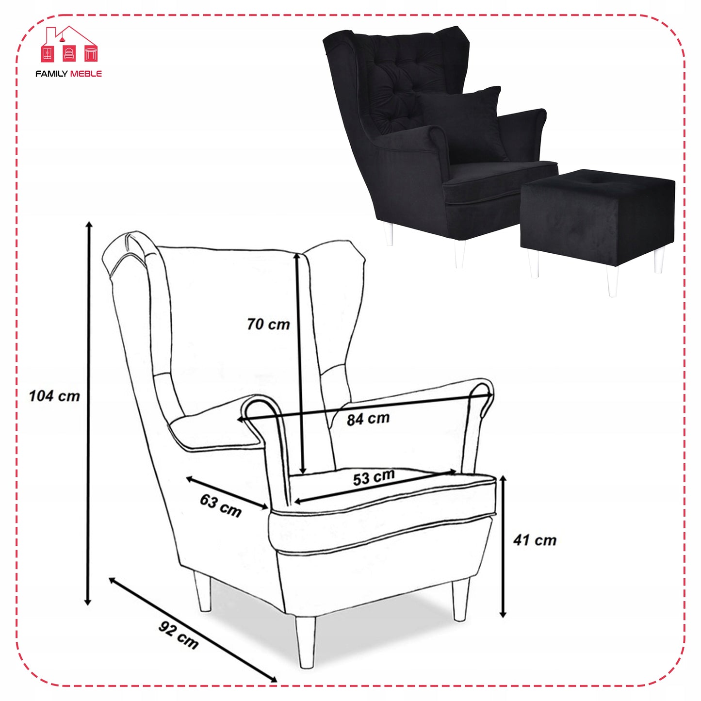 Fotel uszak Gaja z podnóżkiem skandynawski Family Meble czarny miękki
