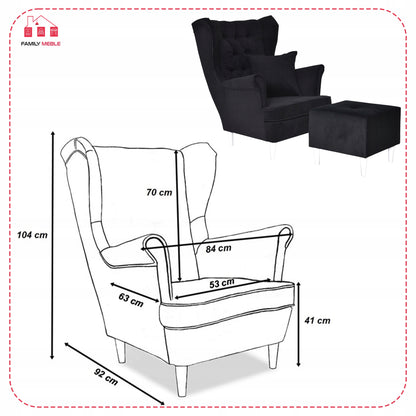 Fotel uszak Gaja z podnóżkiem skandynawski Family Meble czarny miękki