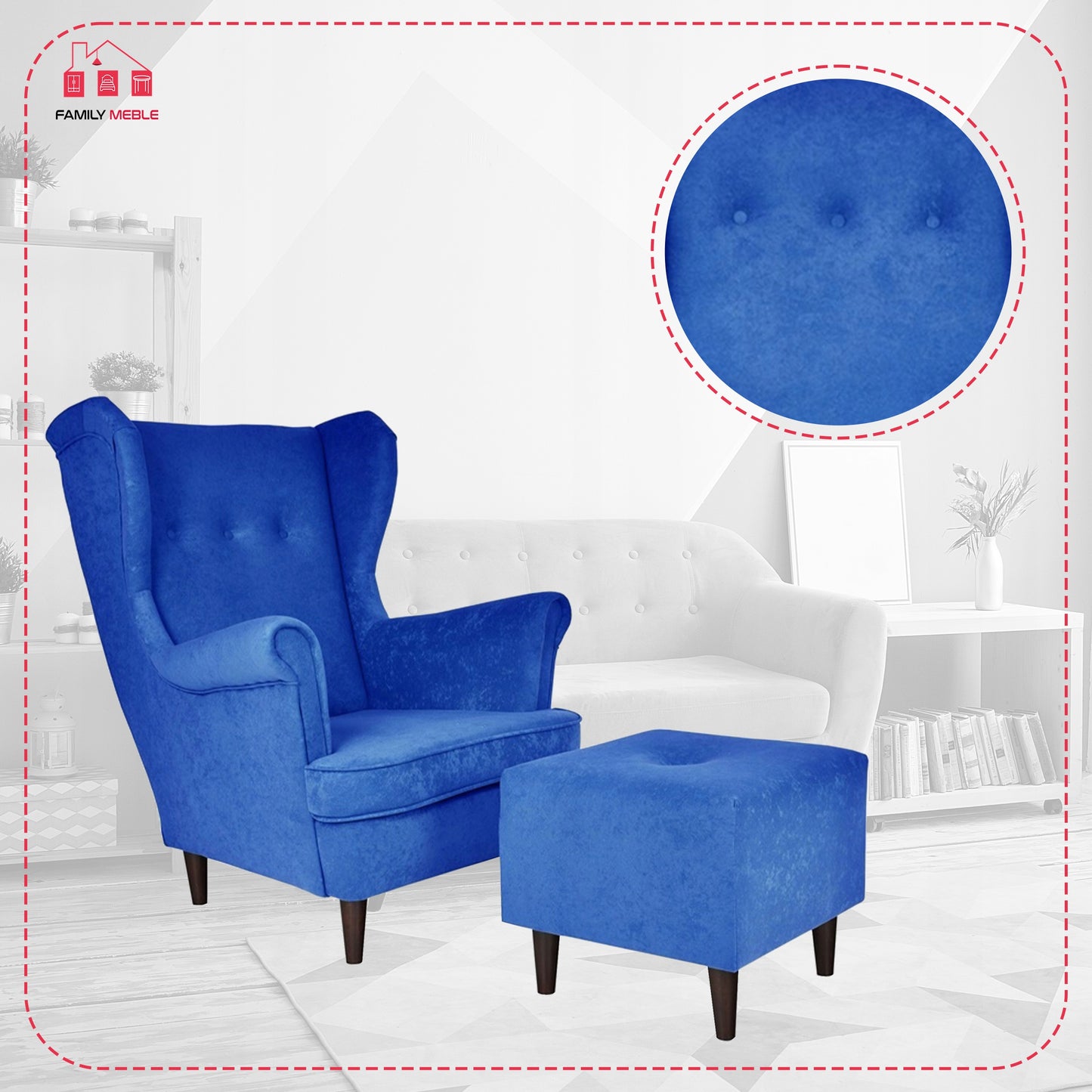 Fotel uszak ARI z podnóżkiem, welur niebieski do relaksu Family Meble