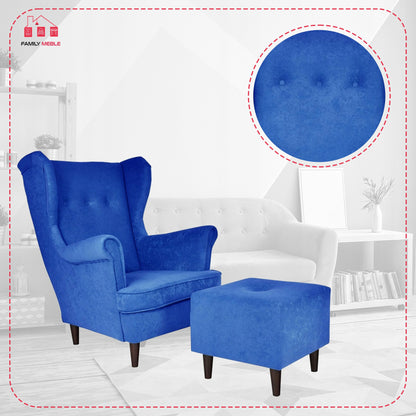 Fotel uszak ARI z podnóżkiem, welur niebieski do relaksu Family Meble