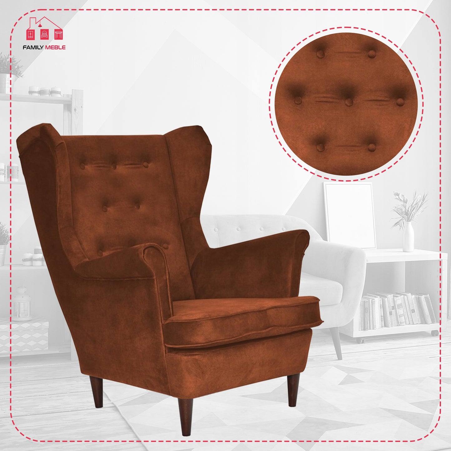 Fotel uszak Diana skandynawski Family Meble miedziany miły w dotyku rudy