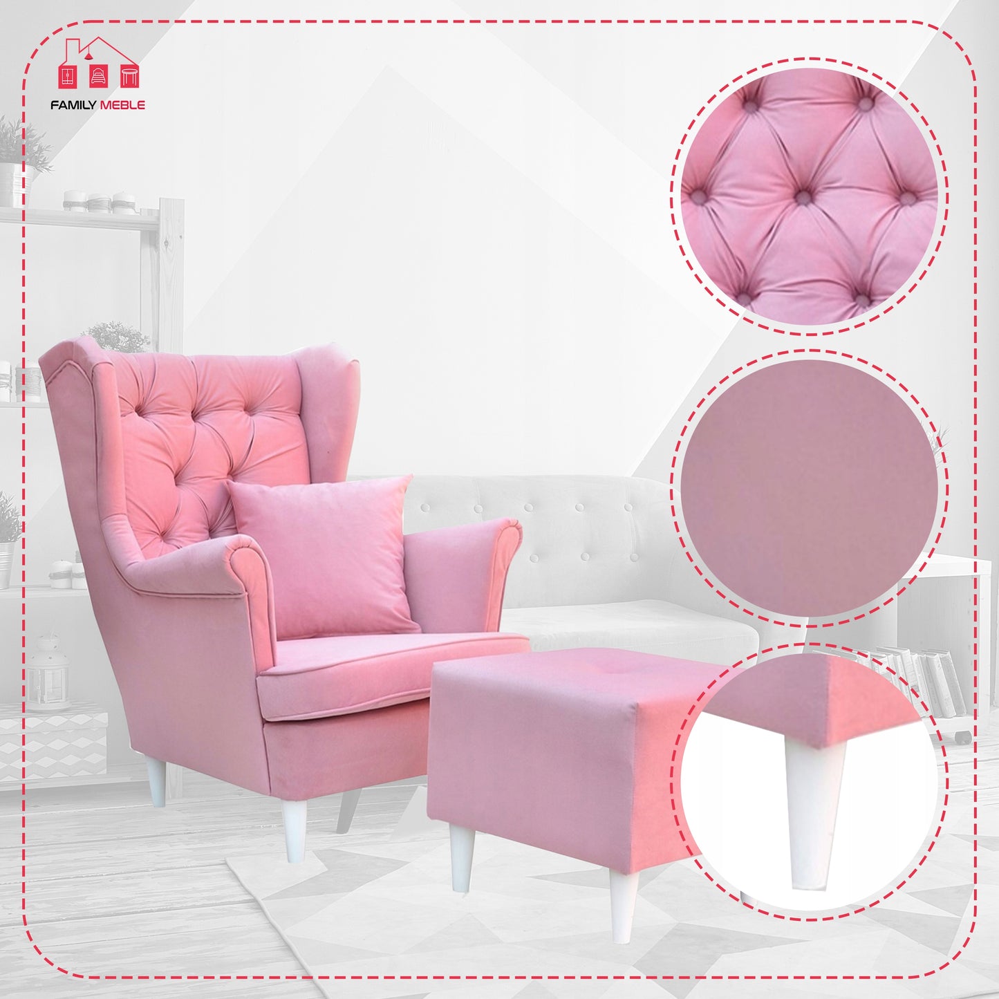 Fotel uszak Gaja z podnóżkiem skandynawski Family Meble pastelowy róż