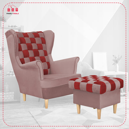 Fotel uszak Carol Duo z podnóżkiem skandynawski Family Mebl różowy czerwony