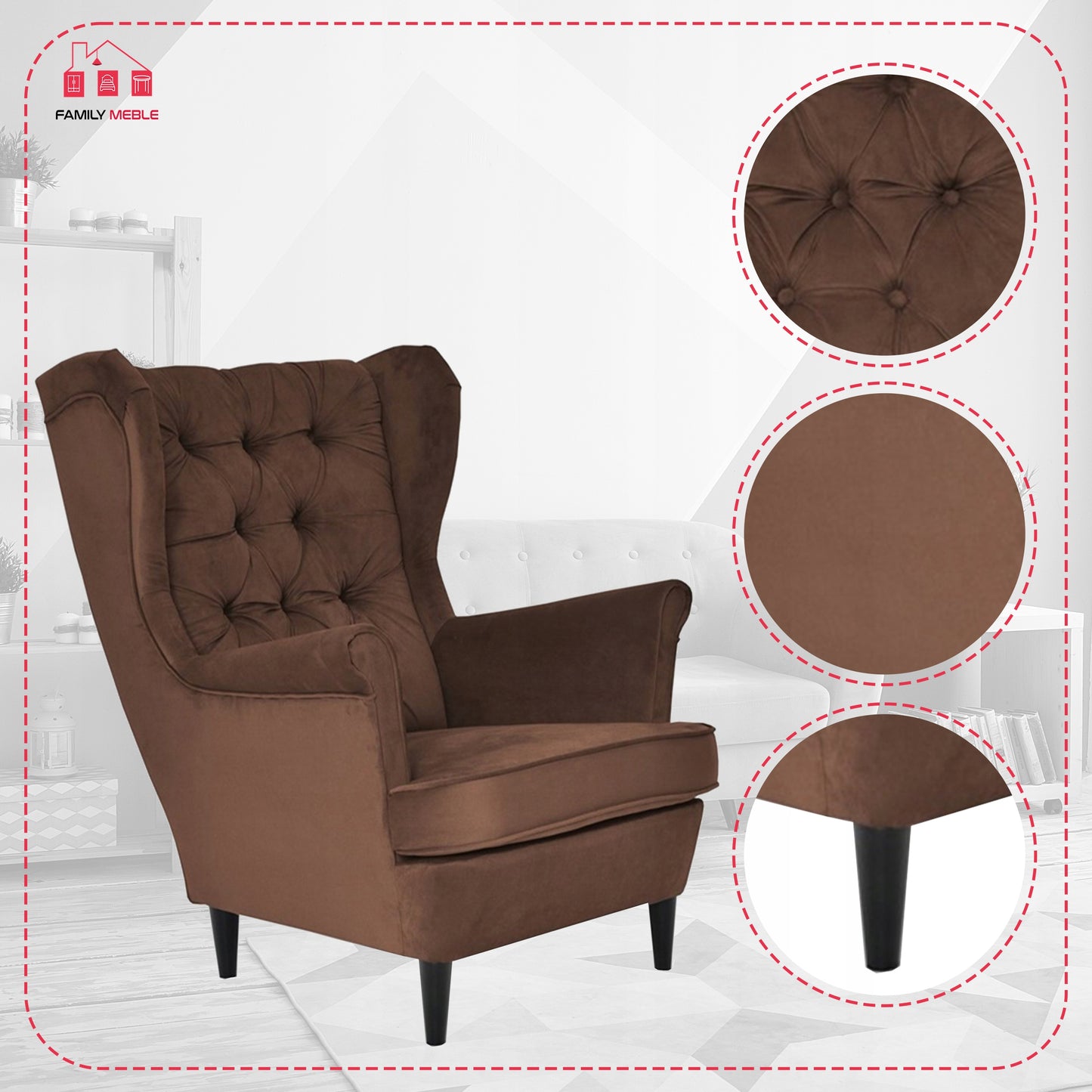 Fotel uszak Gaja skandynawski Family Meble brązowy czekoladowy beżowy