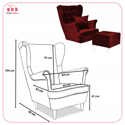 Fotel uszak Gaja podnóżkiem skandynawski Family Meble krwista czerwień