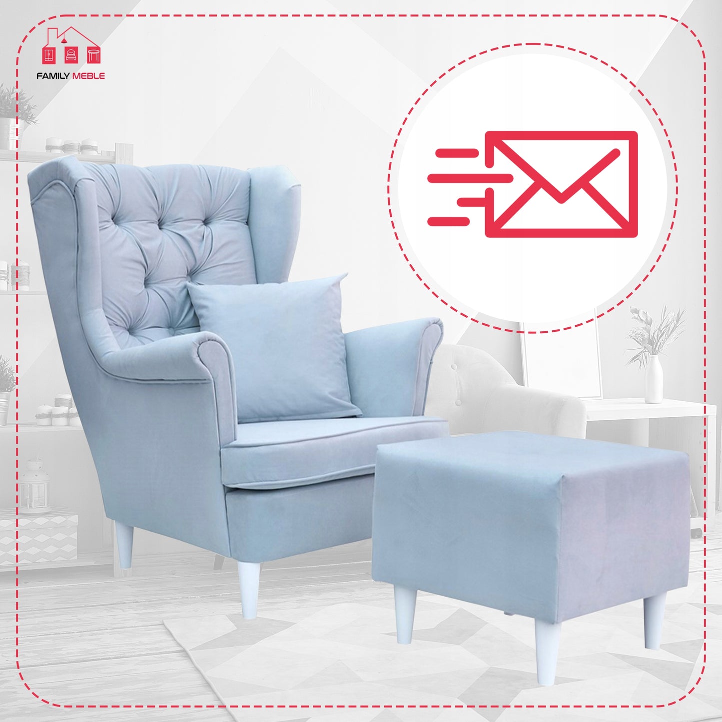 Fotel uszak Gaja z podnóżkiem skandynawski Family Meble pikowany guzik