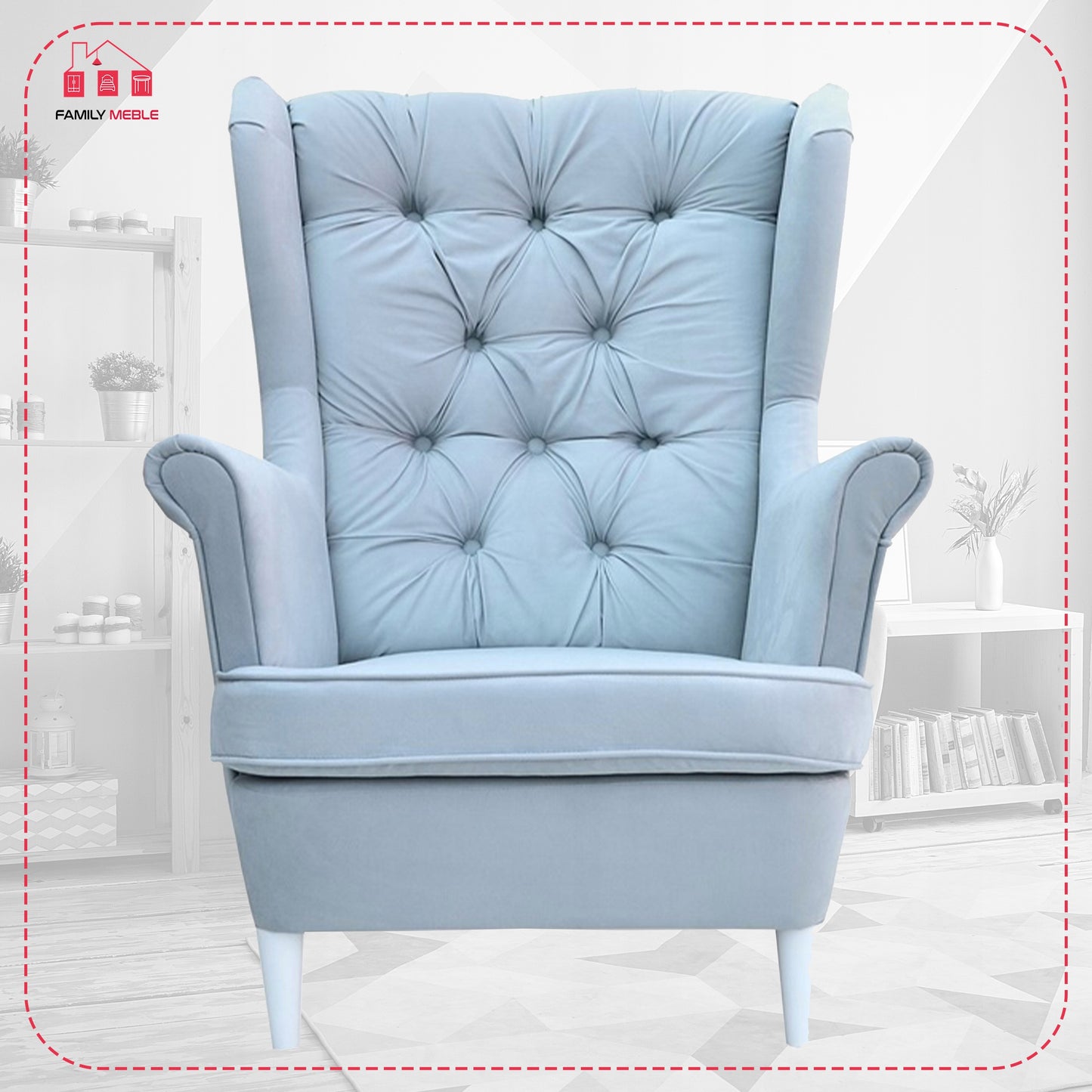 Fotel uszak Gaja z podnóżkiem skandynawski Family Meble pikowany guzik